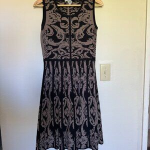Carmen Marc Valvo Damask Black Brown Knit Fit & Flare Sleeveless Dress Sze L